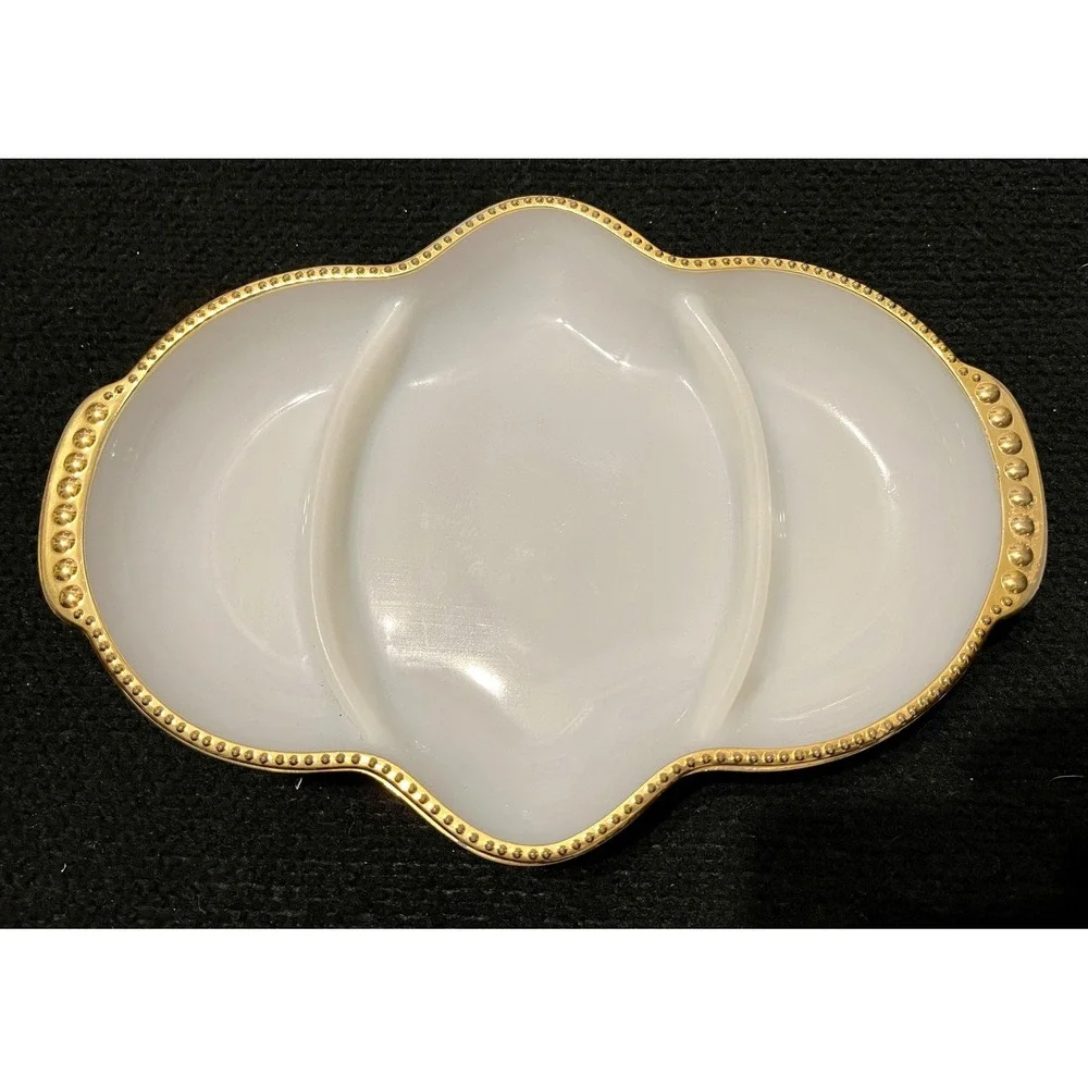 Fire King Milk Glass 3 Section Divided Relish Serving Dish Gold Beaded Edge